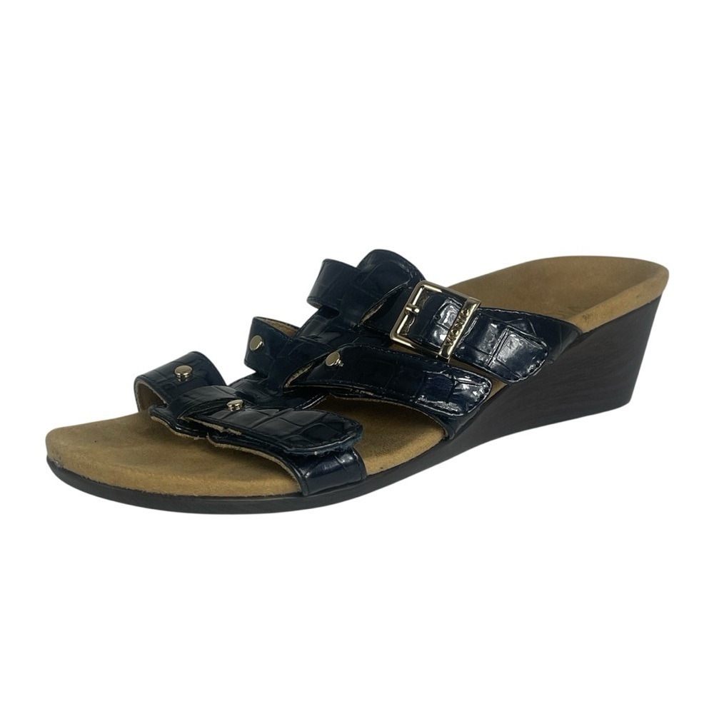 Vionic‎ Radia Blue Wedge Sandals Size 7 Slip-On Orthotic Faux Wood Heel